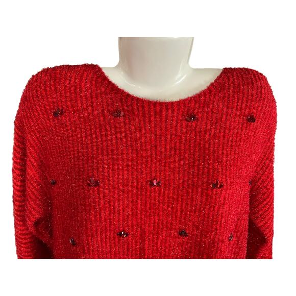 Ruby Rd. Women's Red Rhinestone Metallic 3/4 Sleeves Pullover Sweater | Size L - Picture 4 of 8